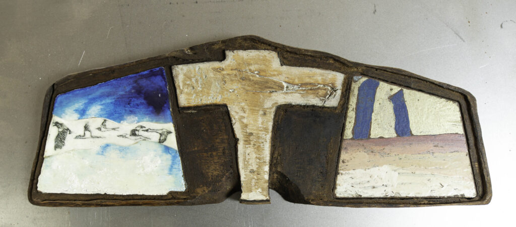 Wooden sculpture, metal, encaustic technique and etching print. Copyright Stein Frayman 2026